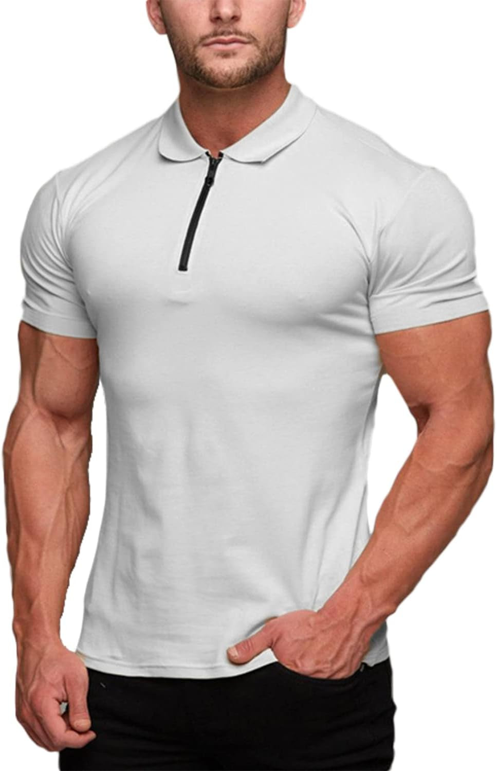 Men's Muscle Fit Polo Shirt - Casual Short Sleeve Workout Tee - Bodybuilding Top - White - XX-Large