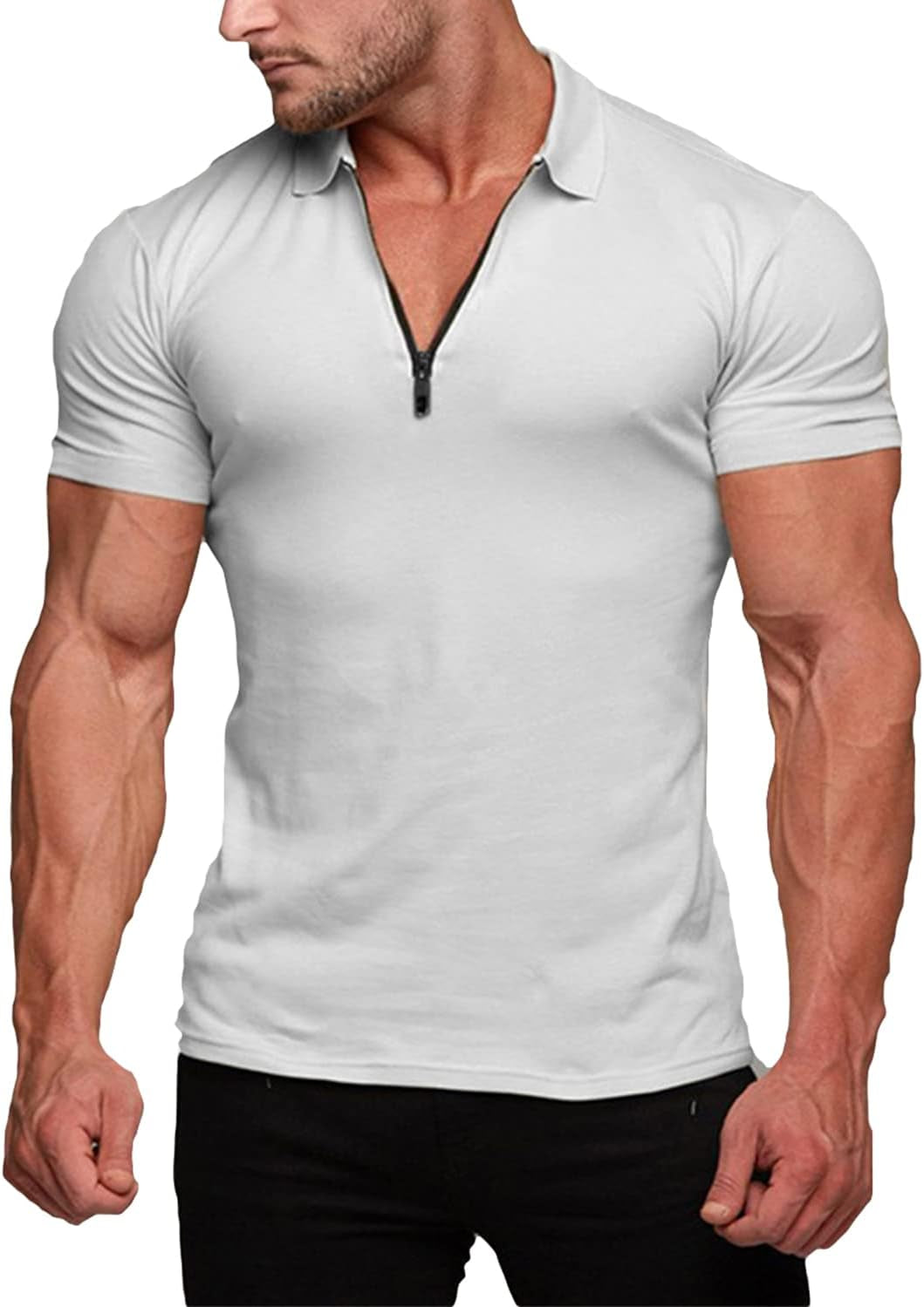 Men's Muscle Fit Polo Shirt - Casual Short Sleeve Workout Tee - Bodybuilding Top - White - XX-Large
