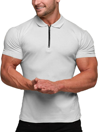 Men's Muscle Fit Polo Shirt - Casual Short Sleeve Workout Tee - Bodybuilding Top - White - XX-Large