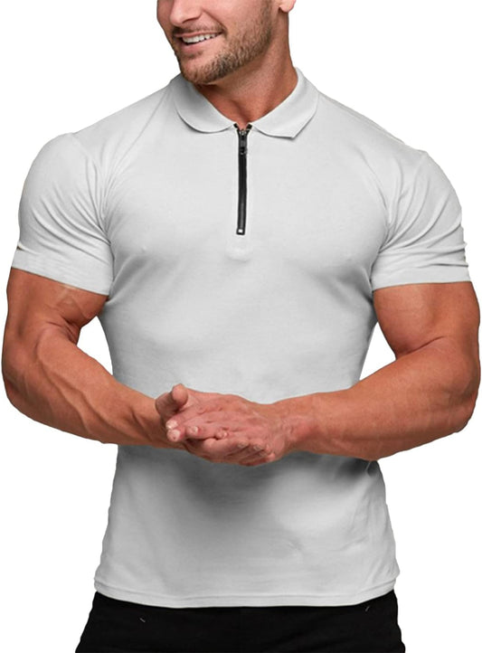 Men's Muscle Fit Polo Shirt - Casual Short Sleeve Workout Tee - Bodybuilding Top - White - XX-Large