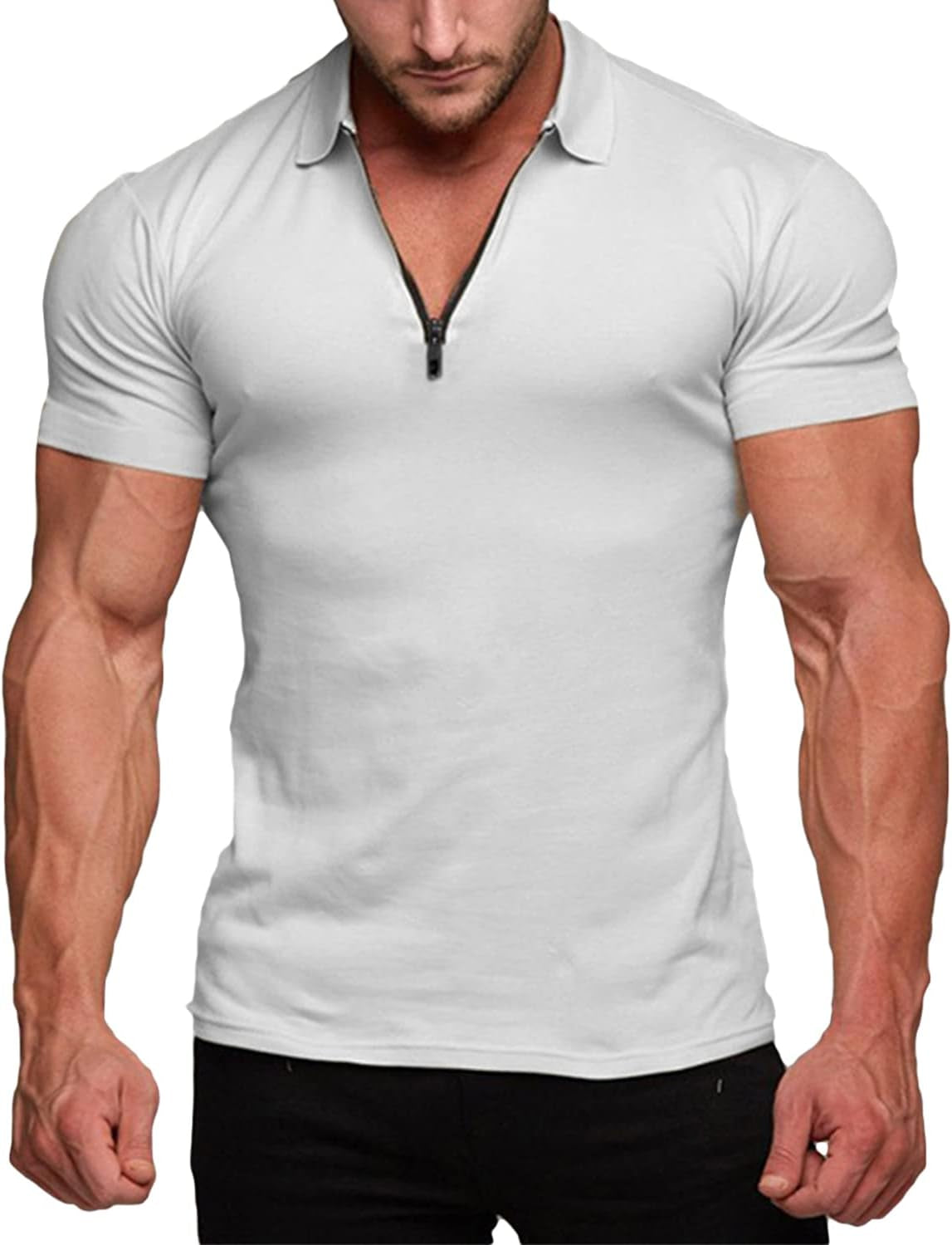 Men's Muscle Fit Polo Shirt - Casual Short Sleeve Workout Tee - Bodybuilding Top - White - XX-Large