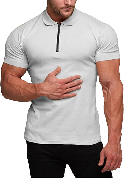 Men's Muscle Fit Polo Shirt - Casual Short Sleeve Workout Tee - Bodybuilding Top - White - XX-Large